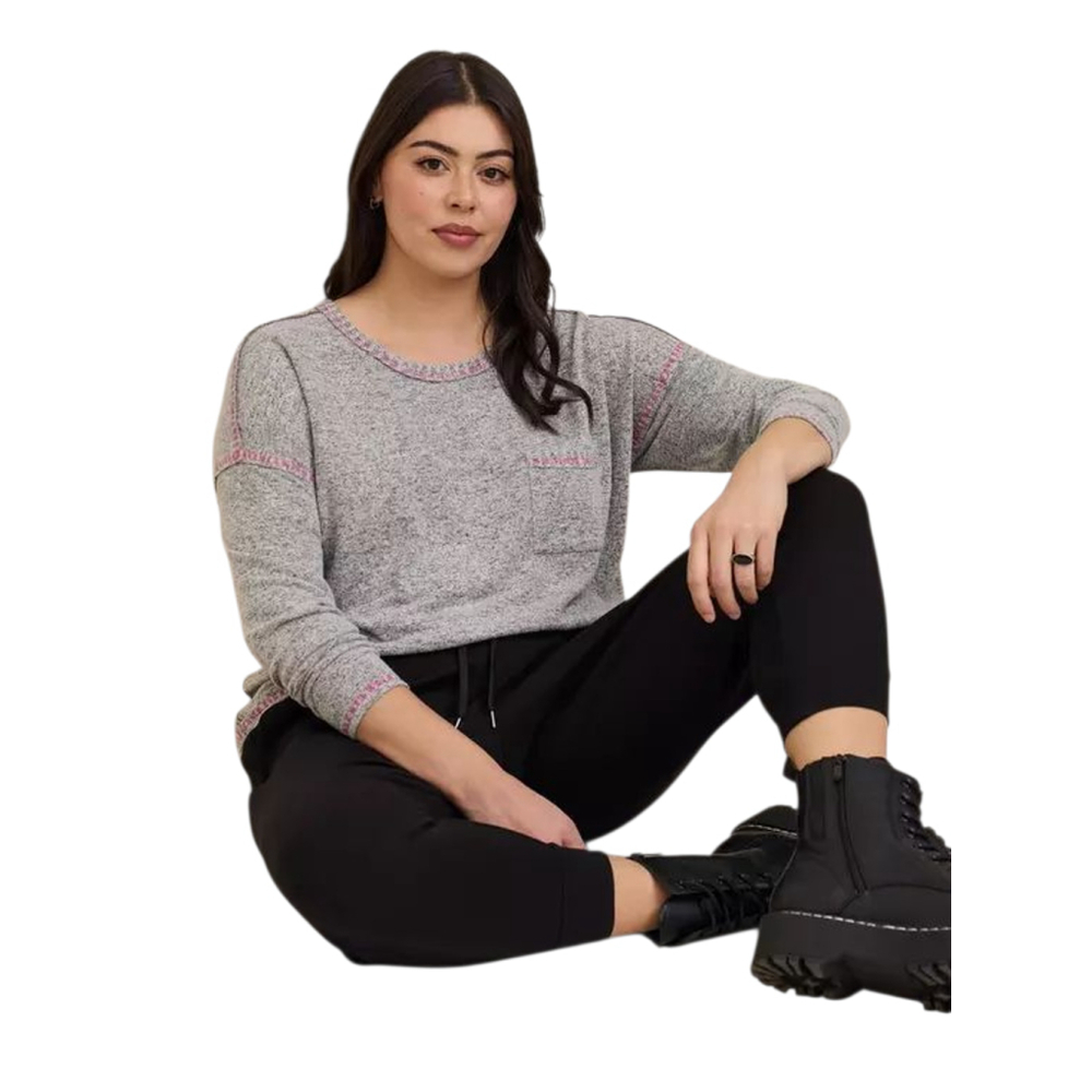 Torrid Super Soft Plush Gray Pink Stitch Long Sleeve Top Size 2 (2X)